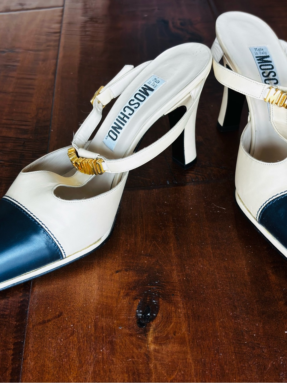 Moschino Cream and Dark Blue Two-Tone Pointed Toe Slingback Heels
